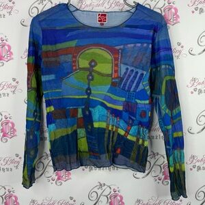 Aventures des Toiles Blue Abstract Top mesh long sleeves artwork 🖼️ portrait